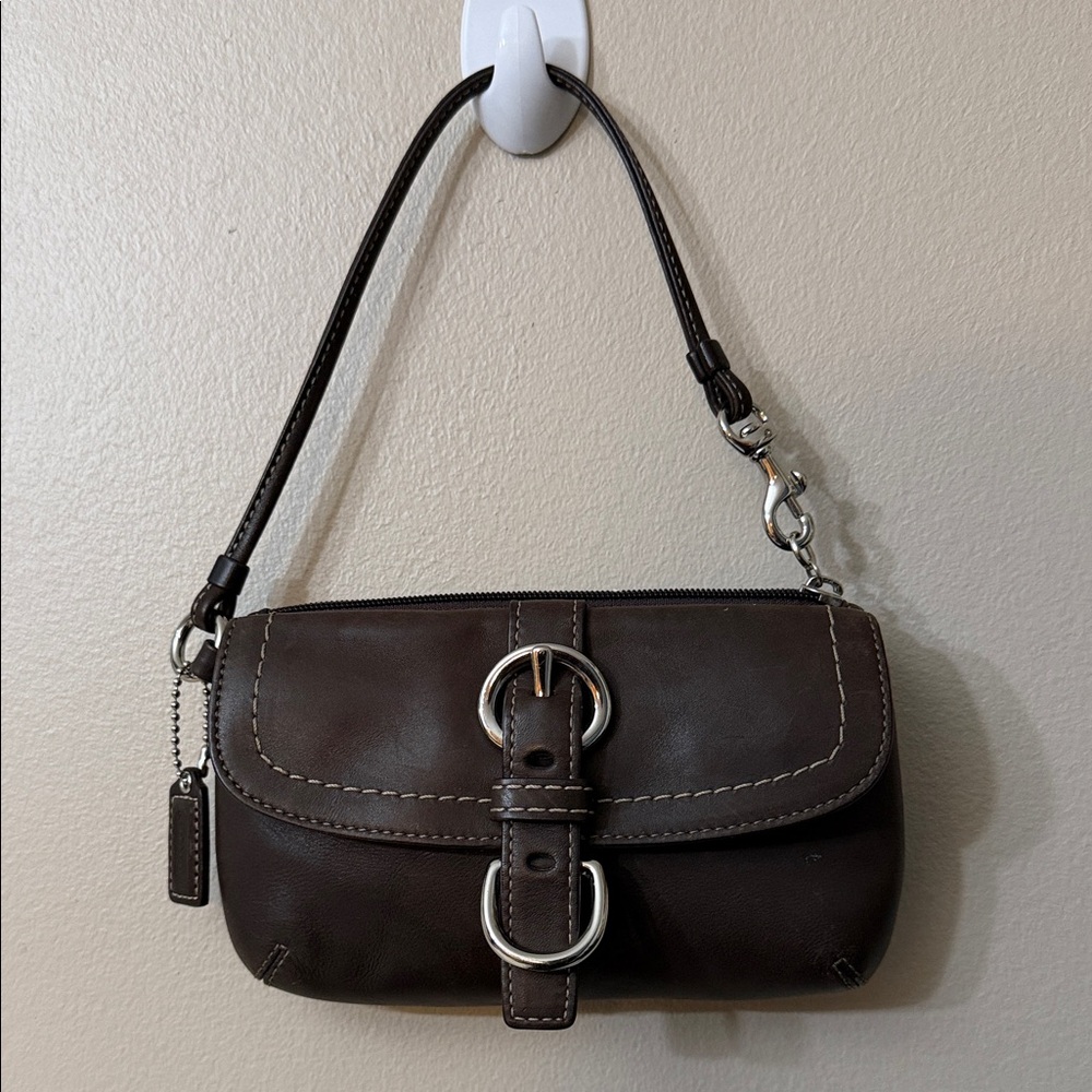Coach Dark Brown Leather Wristlet With Silver Hardware